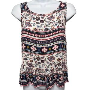 ADARA Womens Multicolor Floral Geometric Peplum Tank Top Sz M Boho Airy Eclectic